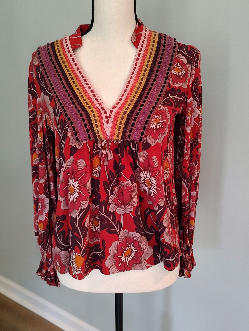 Bl^nk London X Anthropologie Stephanie Red Floral Embroidered V-Neck Top - Picture 10 of 11
